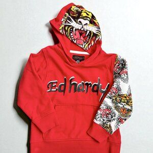 Ed Hardy Kids Tiger Hoodie Girls Boys Size 5 6 Sweatshirt Spell Out Tattoo Retro